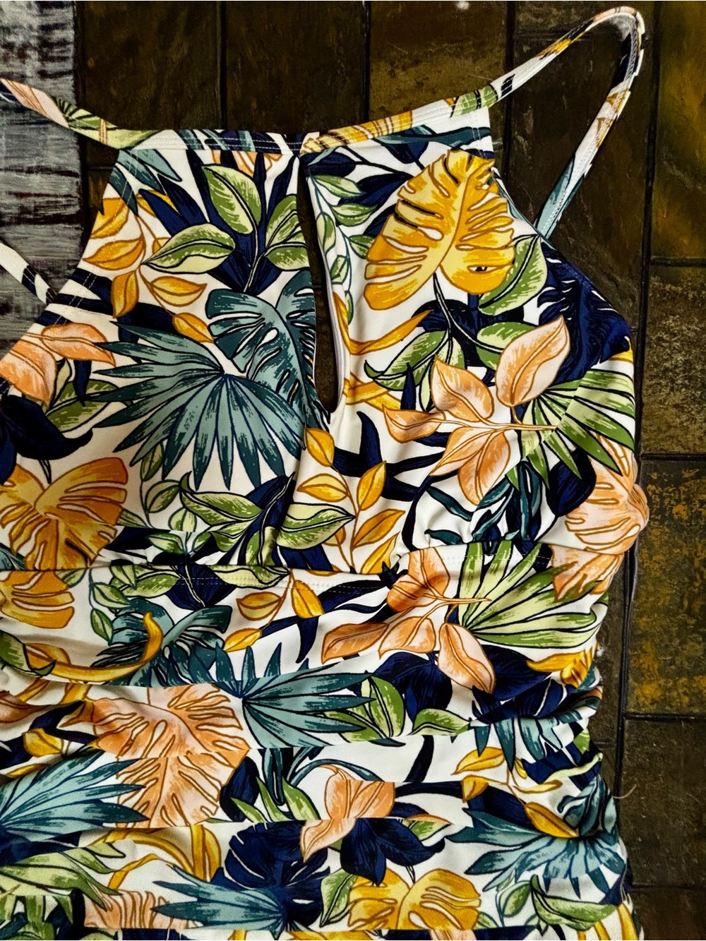 Ellen Tracy Floral Tropical One Piece Swimsuit Size 14 large Yellow Palms White - Picture 7 of 11
